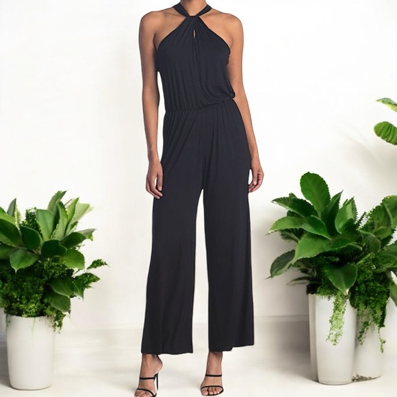 Black with Silver Ring Tie Neck Sleeveless Halter Wide Leg Jumpsuit - Picture 6 of 16